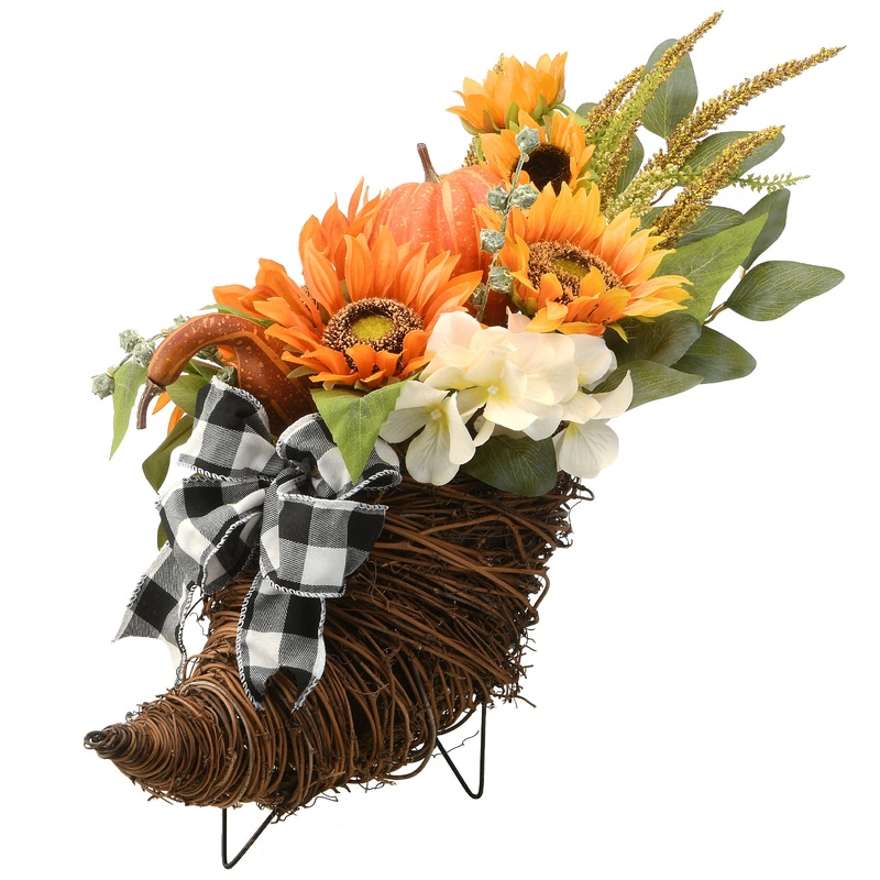 20 in. Wicker Cornucopia Basket Decoration with Pumpkins, Sunflower Blooms, Assorted Leaves