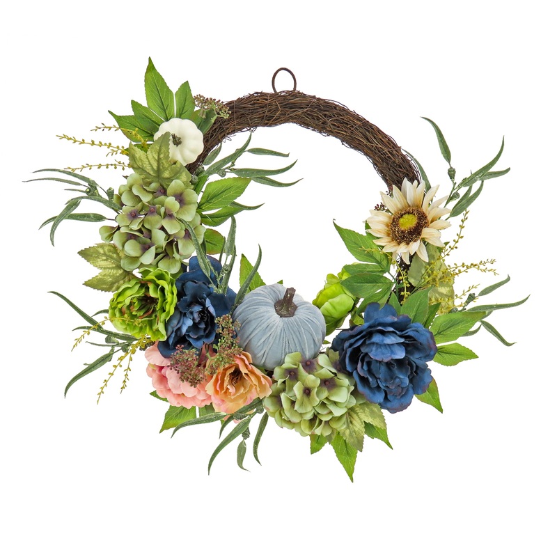 22 in. Fall Wreath with Mixed Leaves, Hydrangea, Peony and Pumpkin