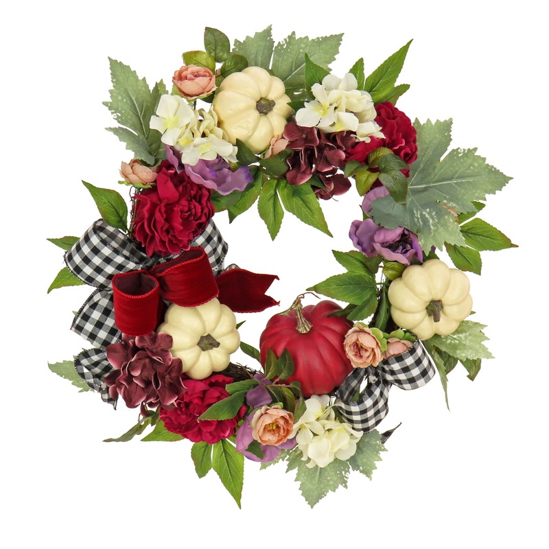 22 in. Fall Wreath with Peony, Pumpkin and Bow
