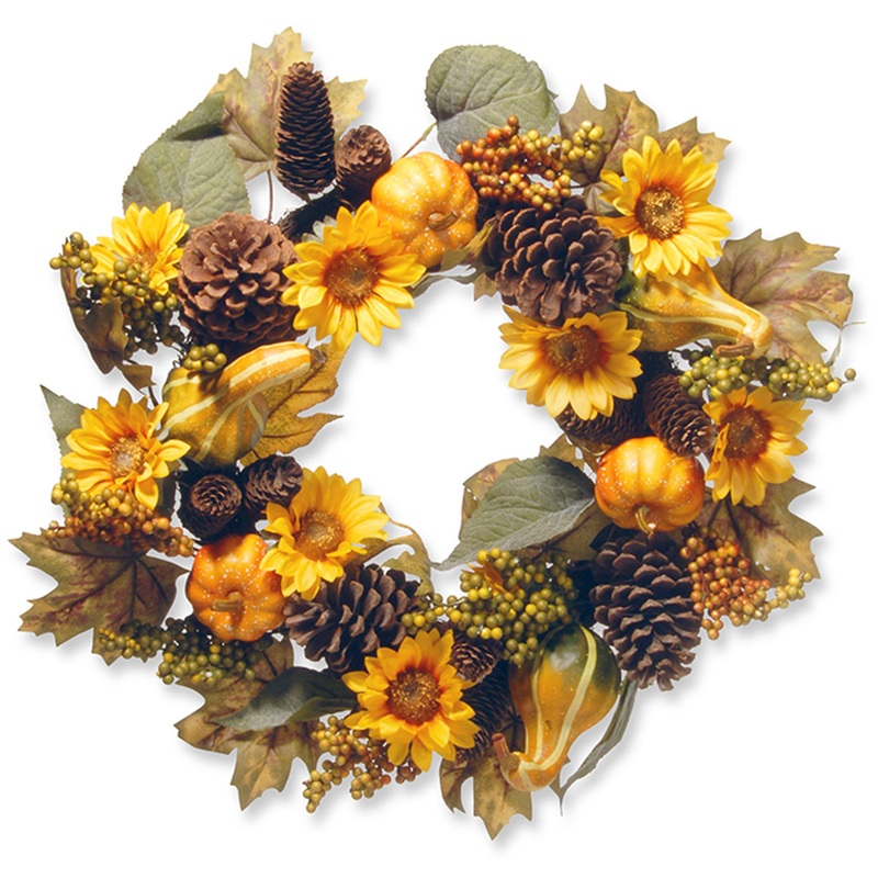 22 in. Fall Wreath with Pumpkins, Gourds, Pinecones, Sunflowers, Berry Clusters, Assorted Leaves