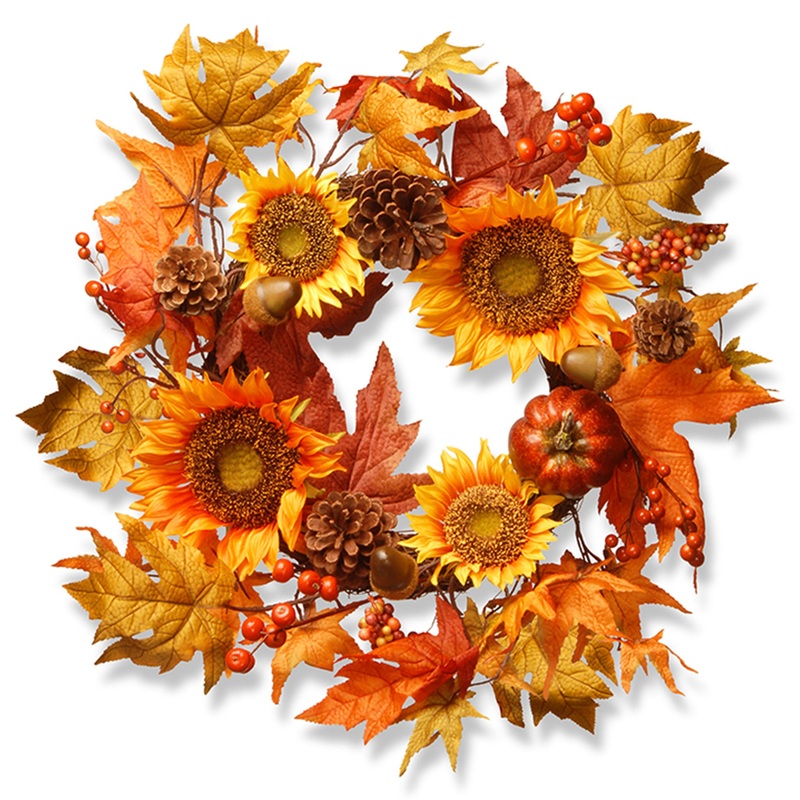22 in. Fall Wreath with Sunflowers, Pinecones, Berry Clusters, Acorns, Pumpkins, Maple Leaves