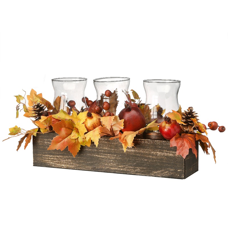 24 in. Fall Centerpiece, Decorated With Maple Leaves, Pomegranates, Pine Cones, Holds Three Candles