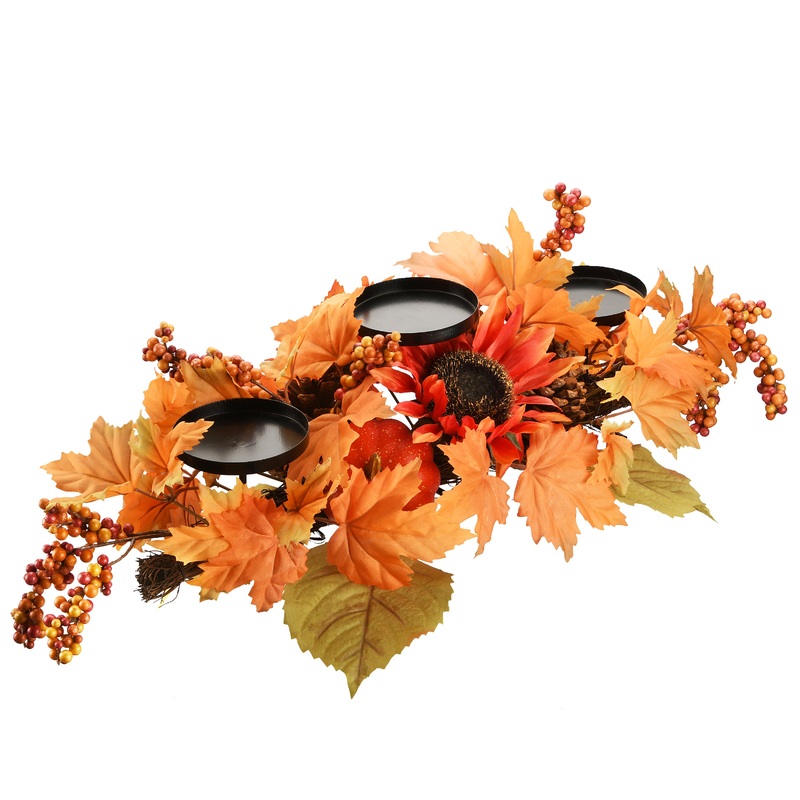 24 in. Fall Centerpiece, Three Candle Holders, Decorated with Sunflower Blooms, Pinecones, Berry Clusters