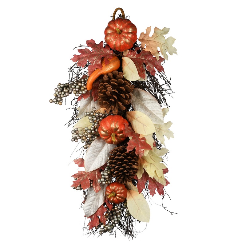 24 in. Fall Teardrop Wall Decoration with Pumpkins, Pine Cones, Berry Clusters, Maple Leaves