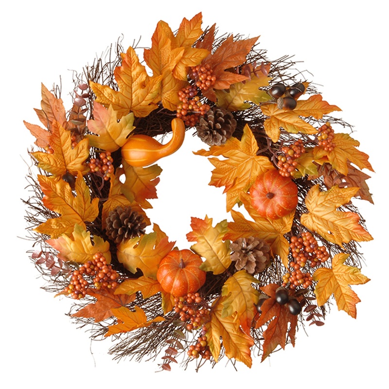24 in. Fall Wreath with Gourds, Pumpkins, Berry Clusters, Acorns, Maple Leaves