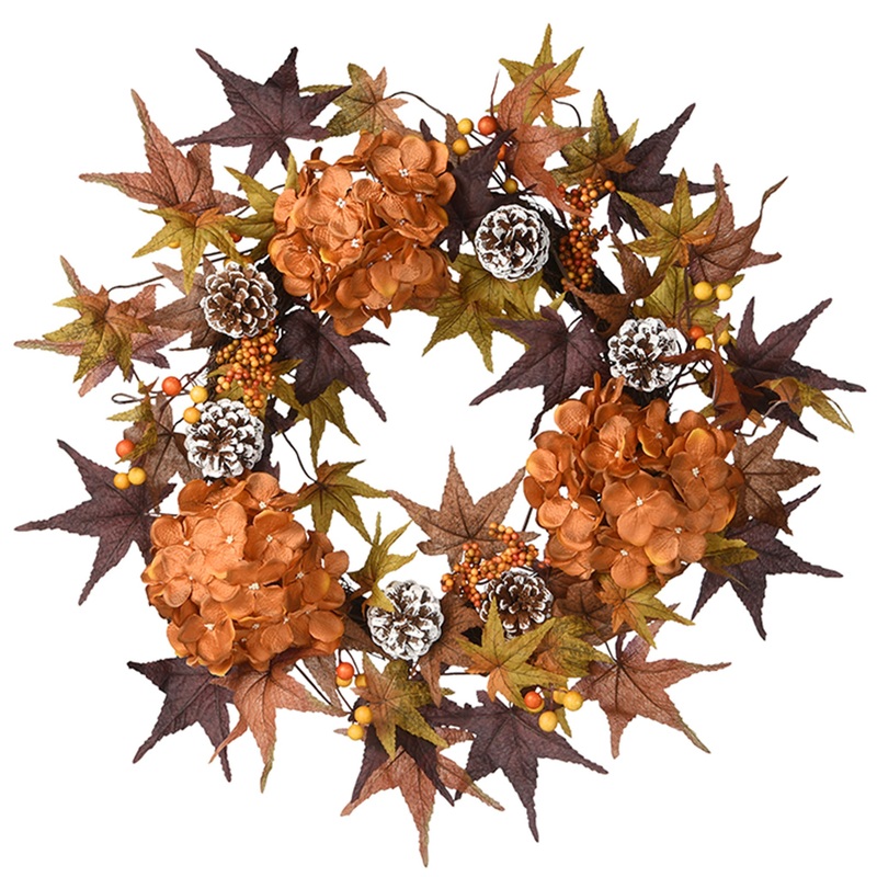 24 in. Fall Wreath with Hydrangeas, Maple Leaves, Pinecones, Berry Clusters