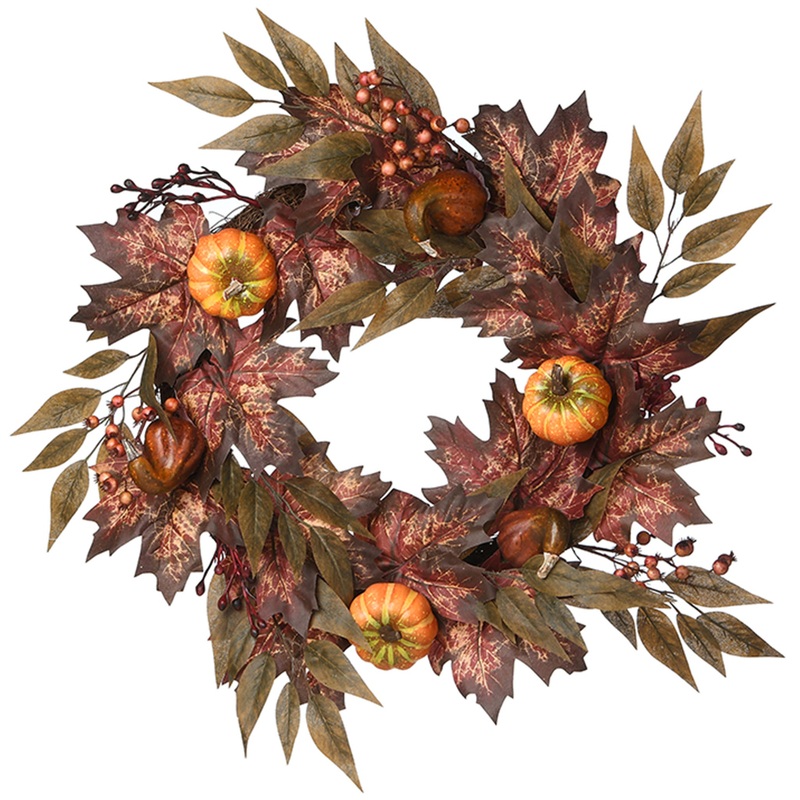 24 in. Fall Wreath with Pumpkins, Berry Clusters, Ivy, Maple Leaves