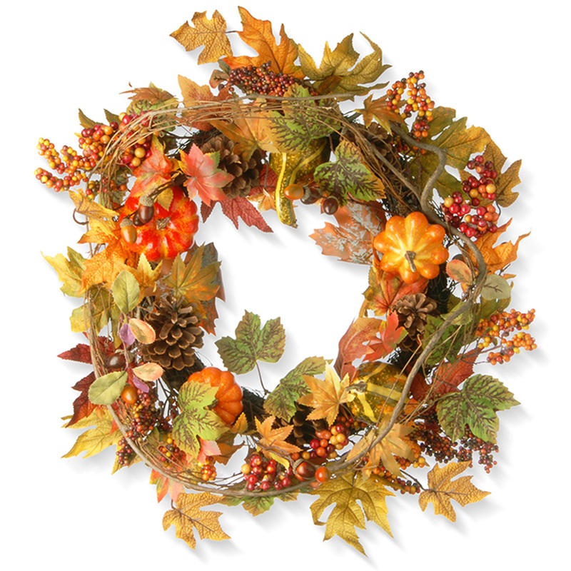24 in. Fall Wreath with Pumpkins, Pinecones, Berry Clusters, Maple Leaves