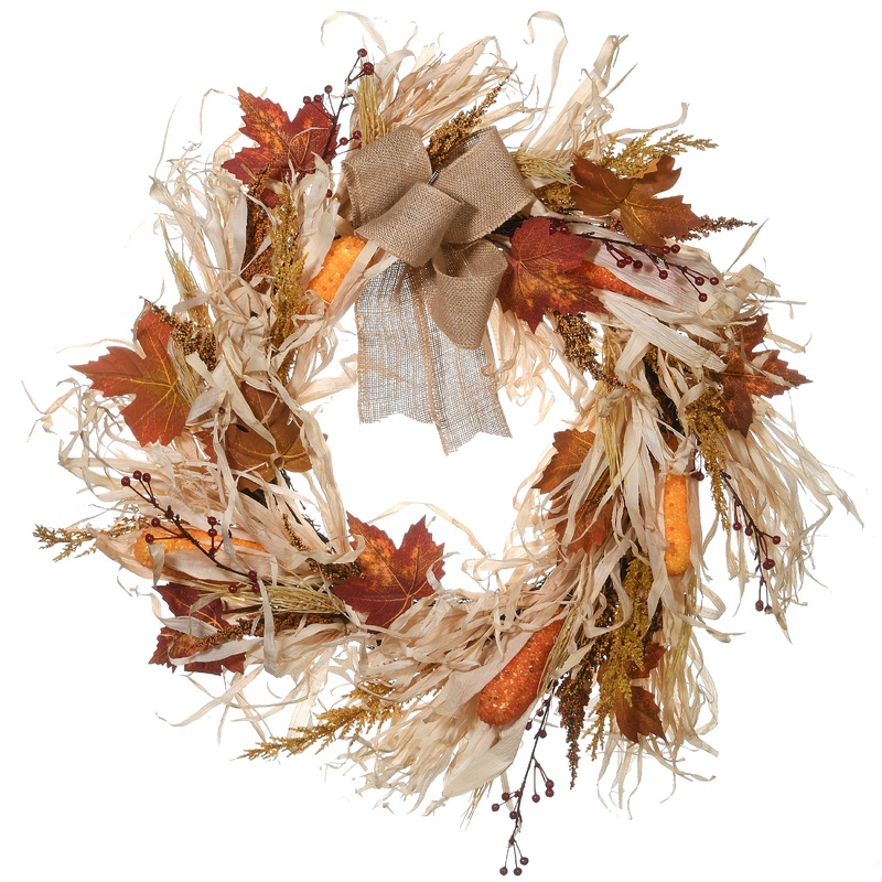 24 in. Fall Wreath with Raffia Leaves,  Corn Cobs, Berry Clusters