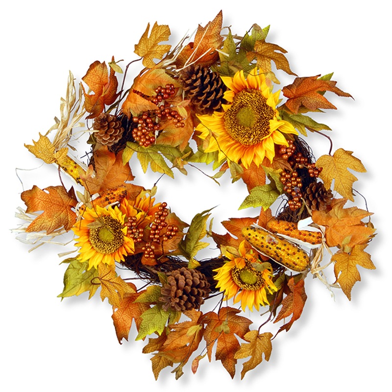 24 in. Fall Wreath with Sunflowers, Pinecones, Berry Clusters, Corncobs, Maple Leaves