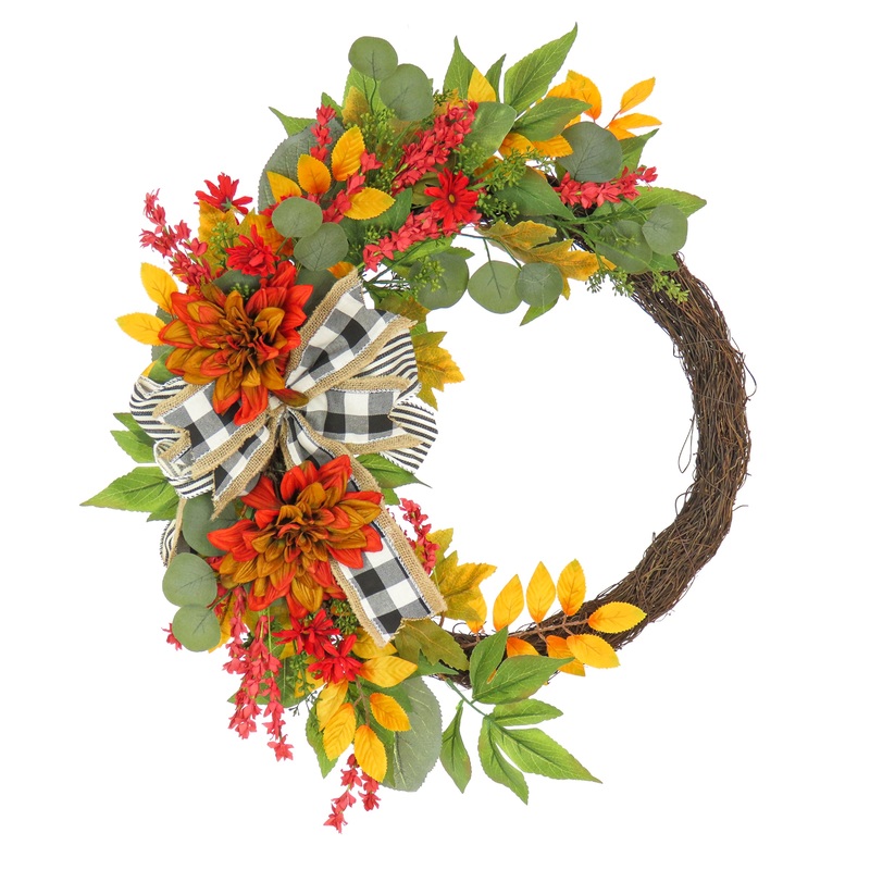 24 in. Fall Wreath with Twig, Dahlia, Eucalyptus and Bow