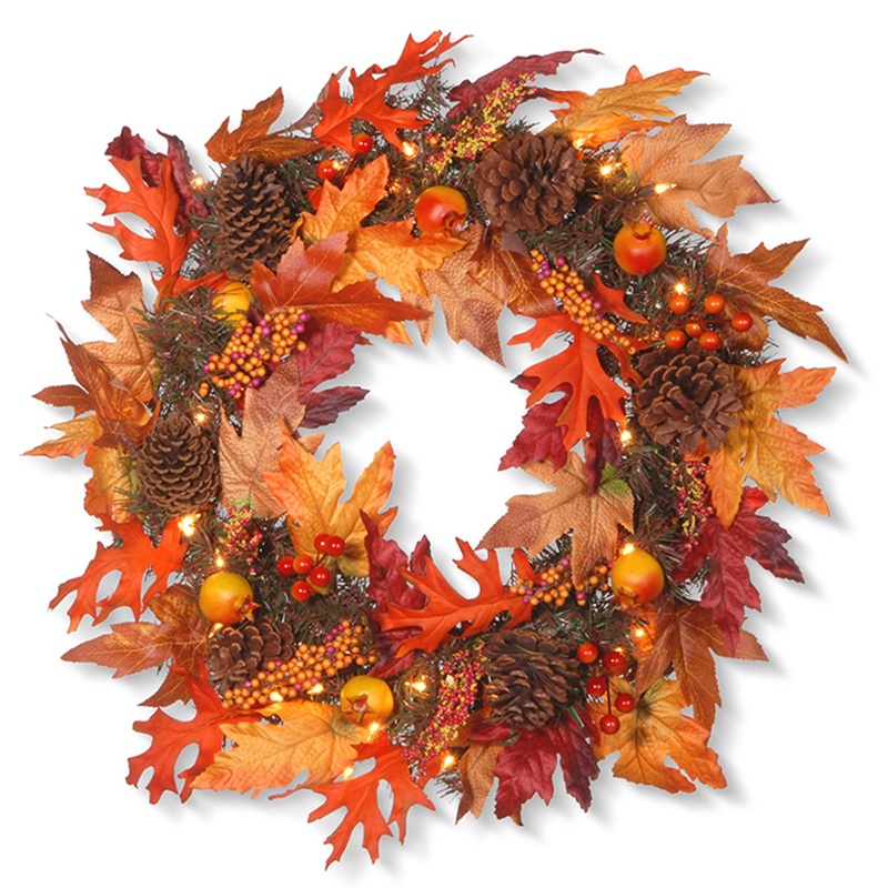 24 in. Pre-Lit Fall Wreath with Gourds, Pinecones, Maple Leaves, Berry Clusters and Lights