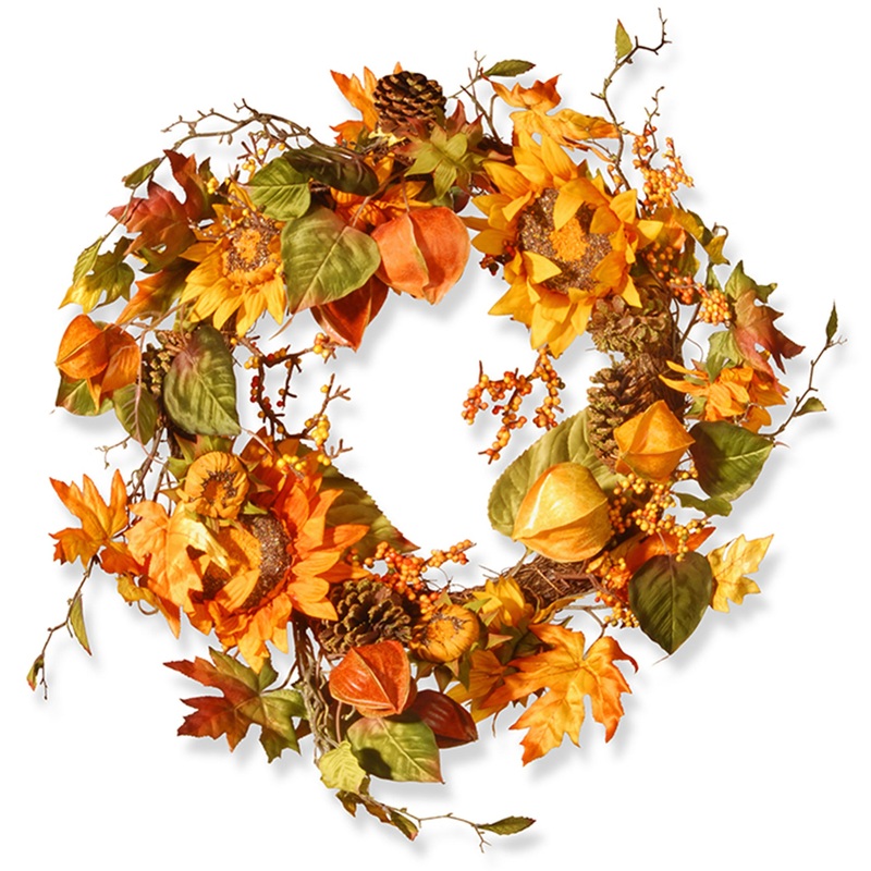 25 in. Fall Wreath with Sunflowers, Pinecones, Berry Clusters, Maple Leaves
