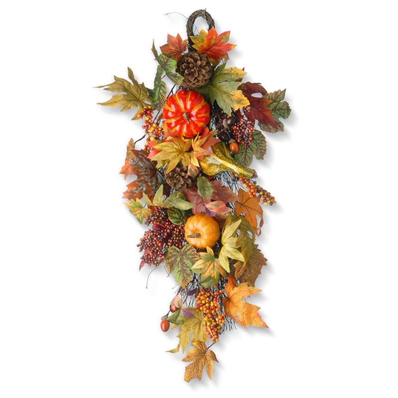 26 in. Fall Teardrop Hanging Wall Decoration with Pumpkins, Gourds, Pinecones, Berry Clusters, Maple Leave