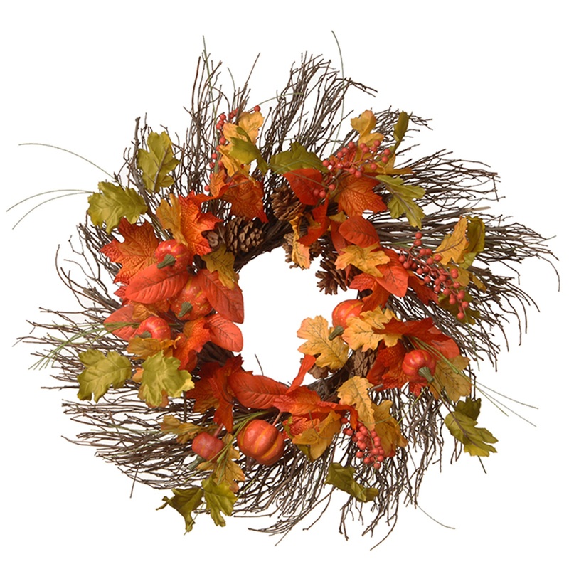 26 in. Fall Wreath with Pumpkins, Pinecones, Berry Clusters, Assorted Leaves