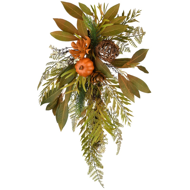 26 in. Wall Flower Swag Fall Decoration with Fern Fronds, Leaves, Pumpkins, Twig Cones