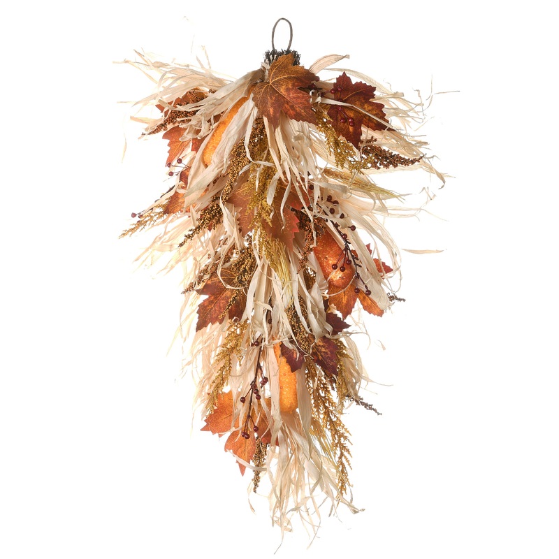 30 in. Fall Teardrop with Raffia Leaves, Corn Cobs, Berry Clusters