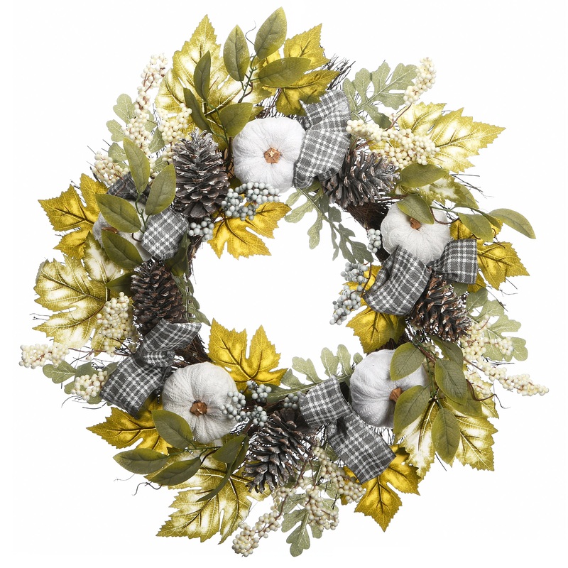 30 in. Fall Wreath with Pine Cones, Berry Clusters, Gourds, Fabric Bows