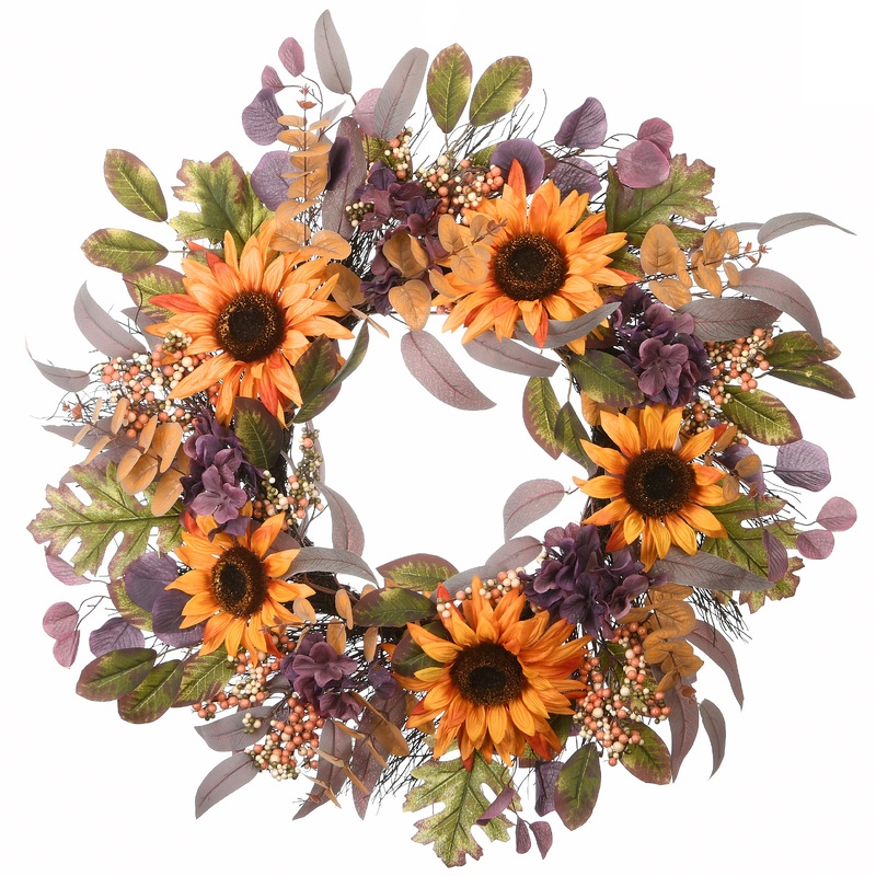 30 in. Fall Wreath with Sunflowers, Hydrangea Blooms, Assorted Leaves, Berry Clusters