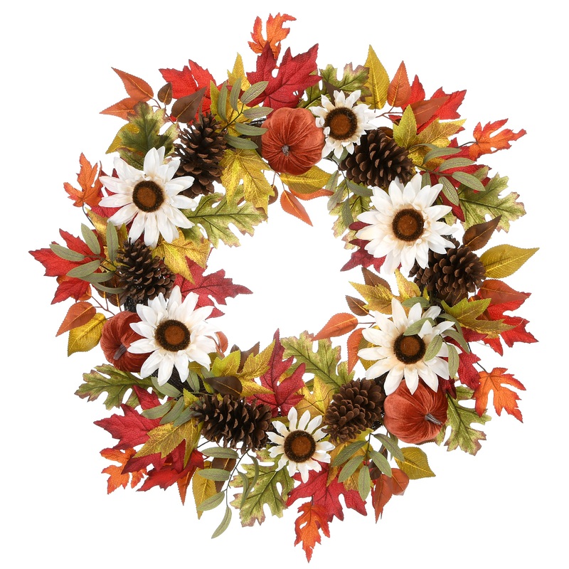 32 in. Fall Wreath with Pumpkin Gourds, Pine Cones, Maple Leaves, Sunflower Blooms