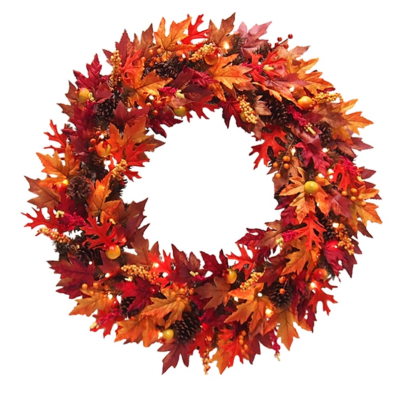 36 in. Pre-Lit Fall Wreath with Gourds, Pinecones, Maple Leaves, Berry Clusters and Lights