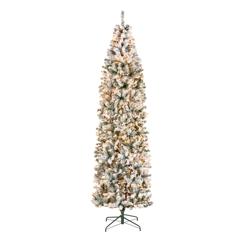 9 ft. Pre-Lit Acacia Flocked Slim Tree with Clear Lights