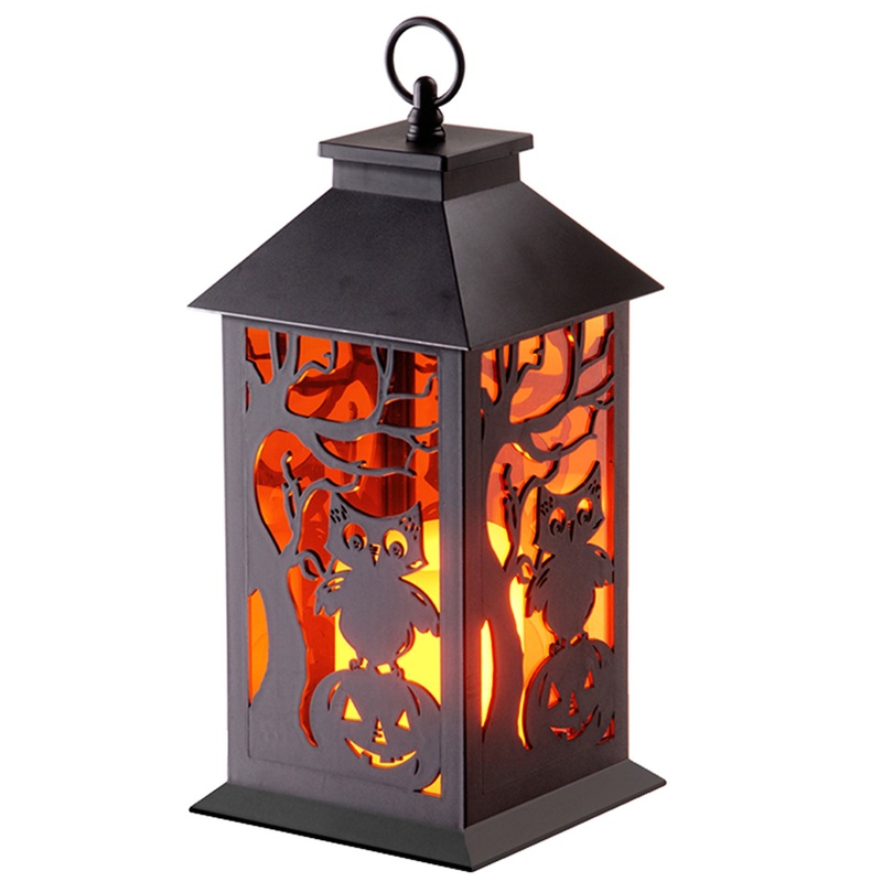 12 in. Halloween Carved Images of Owls Pumpkins Leafless Trees Lantern with LED Lights