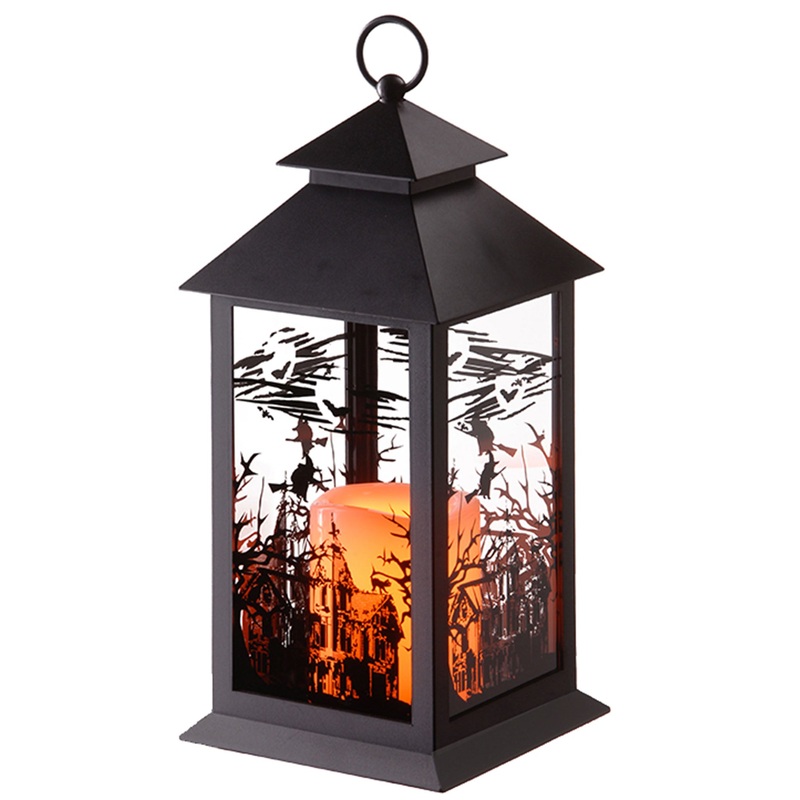 12 in. Halloween Carved Images of Witches Haunted House Lantern with LED Lights