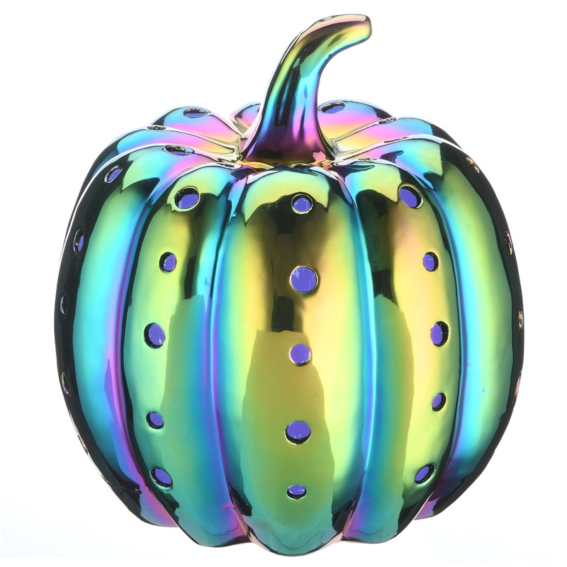 12 in. Halloween Ceramic Iridescent Purple Pumpkin with Multi Color LED Lights