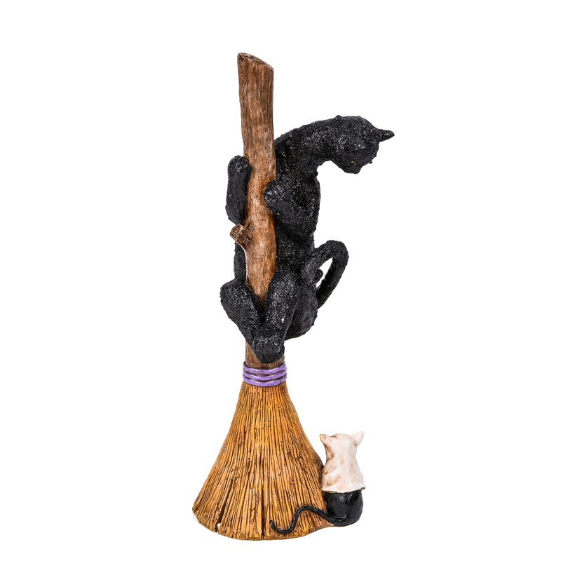13 in. Halloween Black Cat with a Broom Tabletop Decoration
