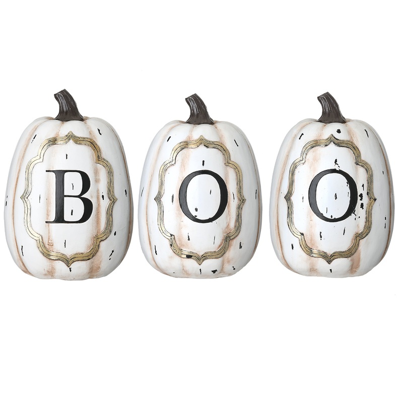 13 in. Halloween White Pumpkin BOO Sign Decoration