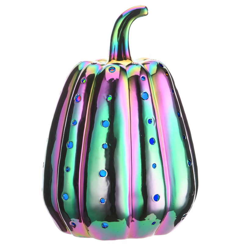 14 in. Halloween Ceramic Iridescent Purple Pumpkin with Multi Color Lights