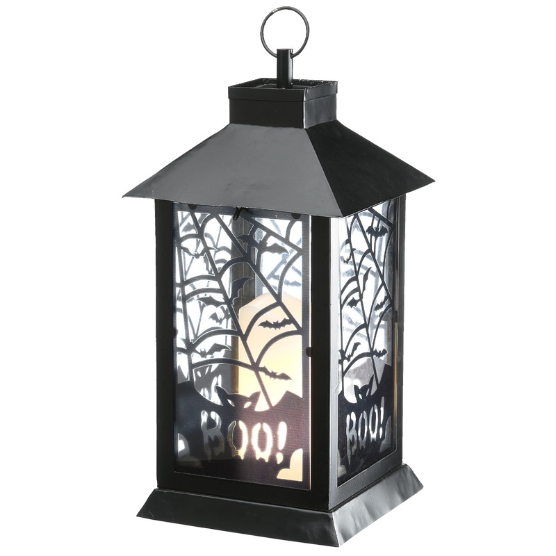 16 in. Halloween Carved Images of Bats and Cobwebs Lantern with LED Lights