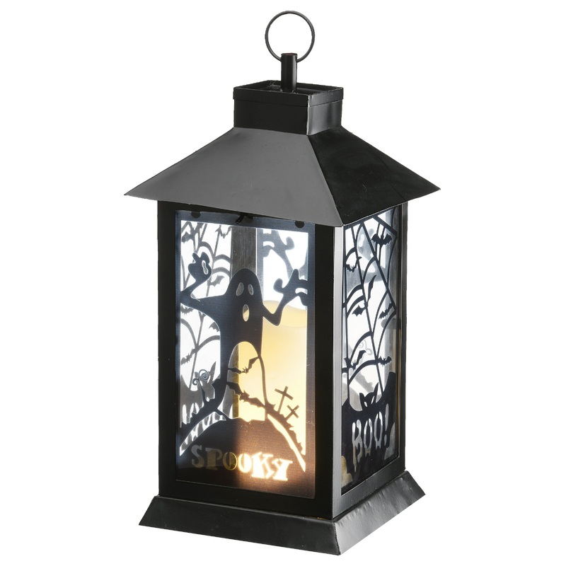 16 in. Halloween Carved Images of Ghosts and Cobwebs Lantern with LED Lights