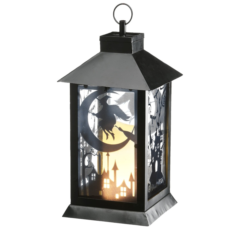 16 in. Halloween Carved Images of Witches and Cobwebs Lantern with LED Lights