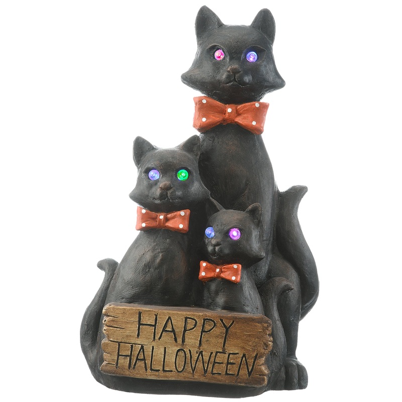 21 in. Halloween 3 Black Cats with Happy Halloween Sign and Multi Color LED Lights