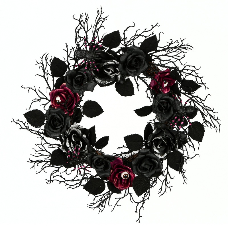 22 in. Halloween Spooky Wreath with Roses, Leaves, Thorny Branch Base