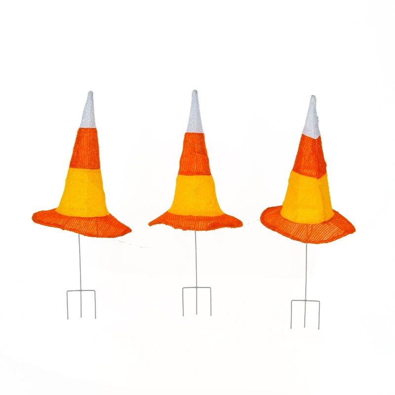 23 in. Halloween Candy Corn Witches Hats Garden Stake Lawn Decoration with LED Lights