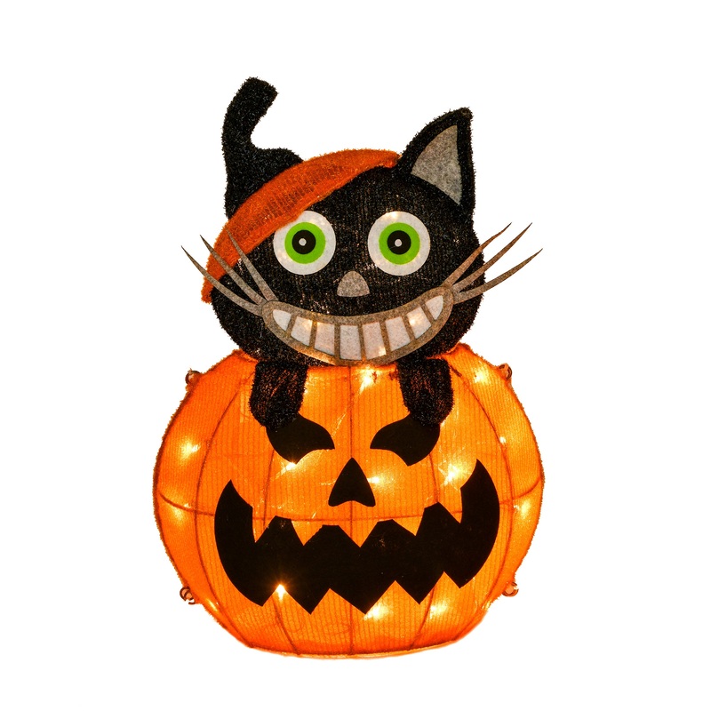 23 in. Halloween Pre-Lit Pumpkin and Black Cat Lighted Sign Decoration with LED Lights