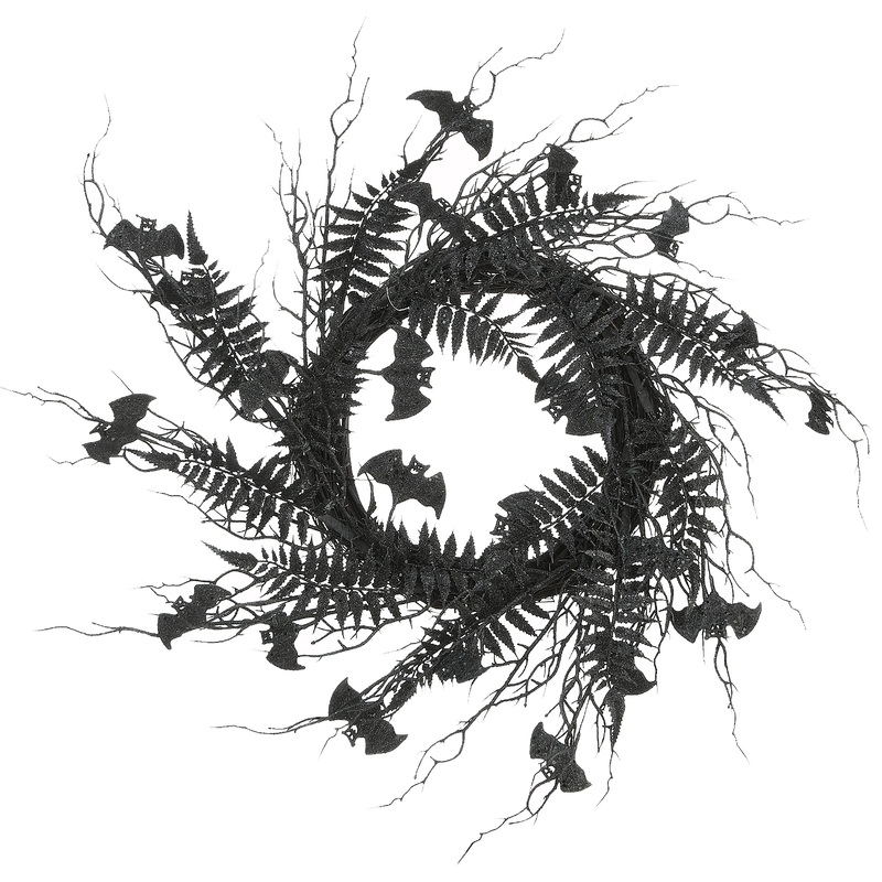 24 in. Halloween Spooky Wreath with Bats, Fern Leaves, Branches