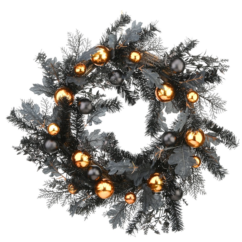 24 in. Halloween Spooky Wreath with Black and Orange Ball Ornaments, Leaves