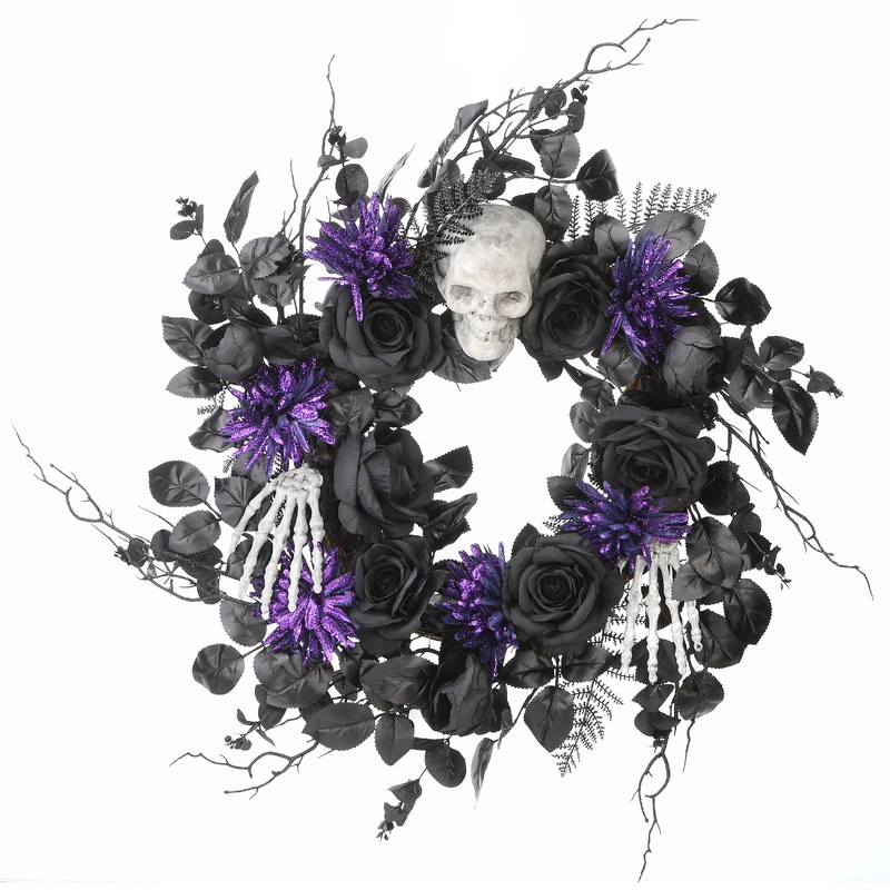 24 in. Halloween Spooky Wreath with Skulls, Roses, Purple Flowers