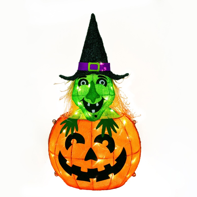 28 in. Halloween Pre-Lit Pumpkin and Witch Lighted Sign Decoration with LED Lights