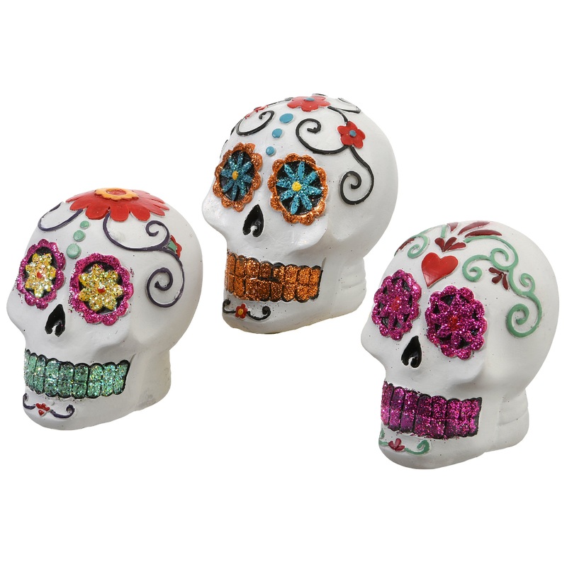 3 in. 3-Pack Halloween Ghost Day of the Dead Decorated Skulls