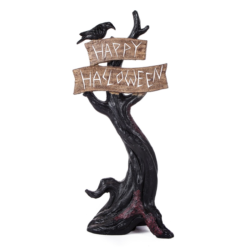 32 in. Crow Standing on Tree with Happy Halloween Sign Table Decoration