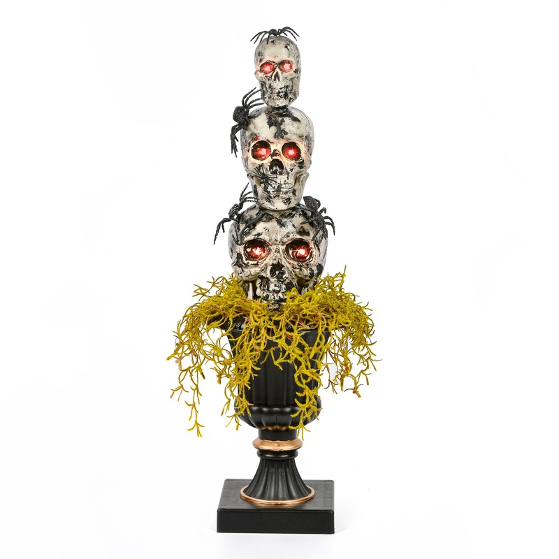 32 in. Halloween Skull Tower with Spiders Tabletop Decoration in a Black Urn