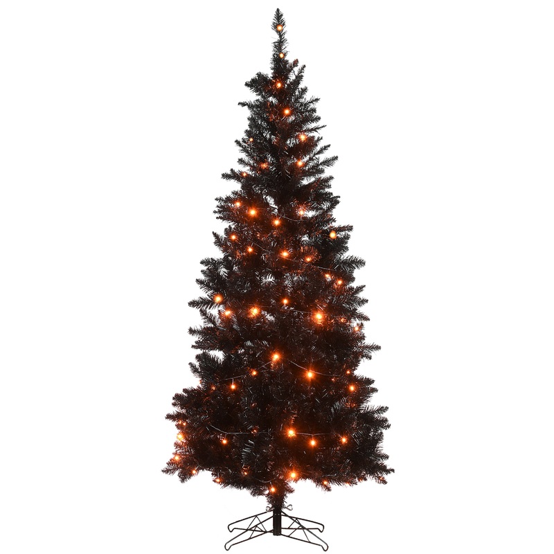 Halloween Artificial Tree, Black, Evergreen, String of Orange LED Lights, Includes Stand, 6 Feet