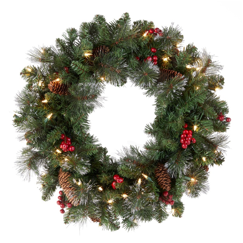 24 in. Pre-Lit Crestwood Spruce Wreath with Clear Lights, Plug-In