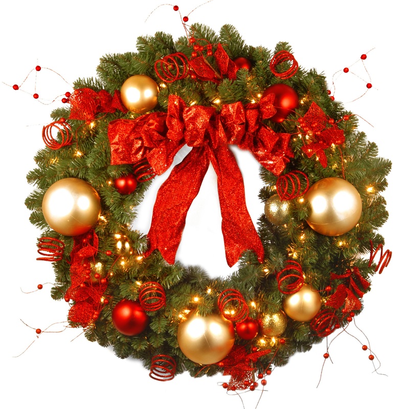36 in. Pre-Lit Decorative Collection Cozy Christmas Wreath with Red and Clear Lights, Plug-In