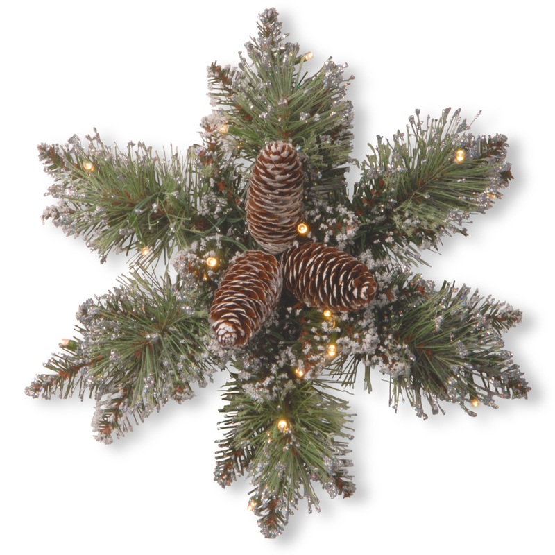 14 in. Pre-Lit Glittery Bristle Pine Snowflake with Warm White LED Lights